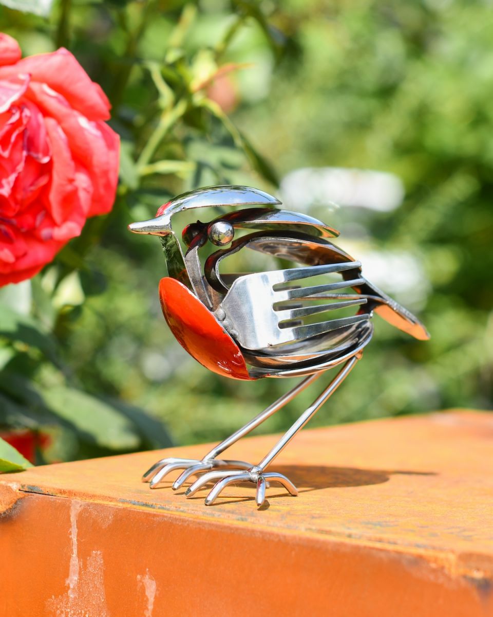 Angled view of scrap metal art home decor sculpture