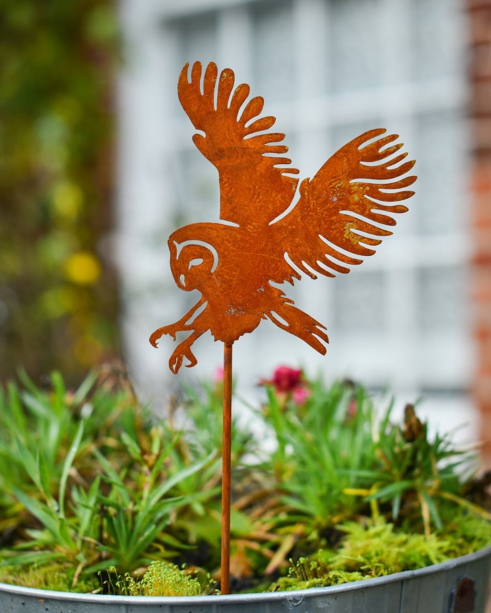 Rustic Barn Owl Artistic Plant Pot Spike - Set of Two