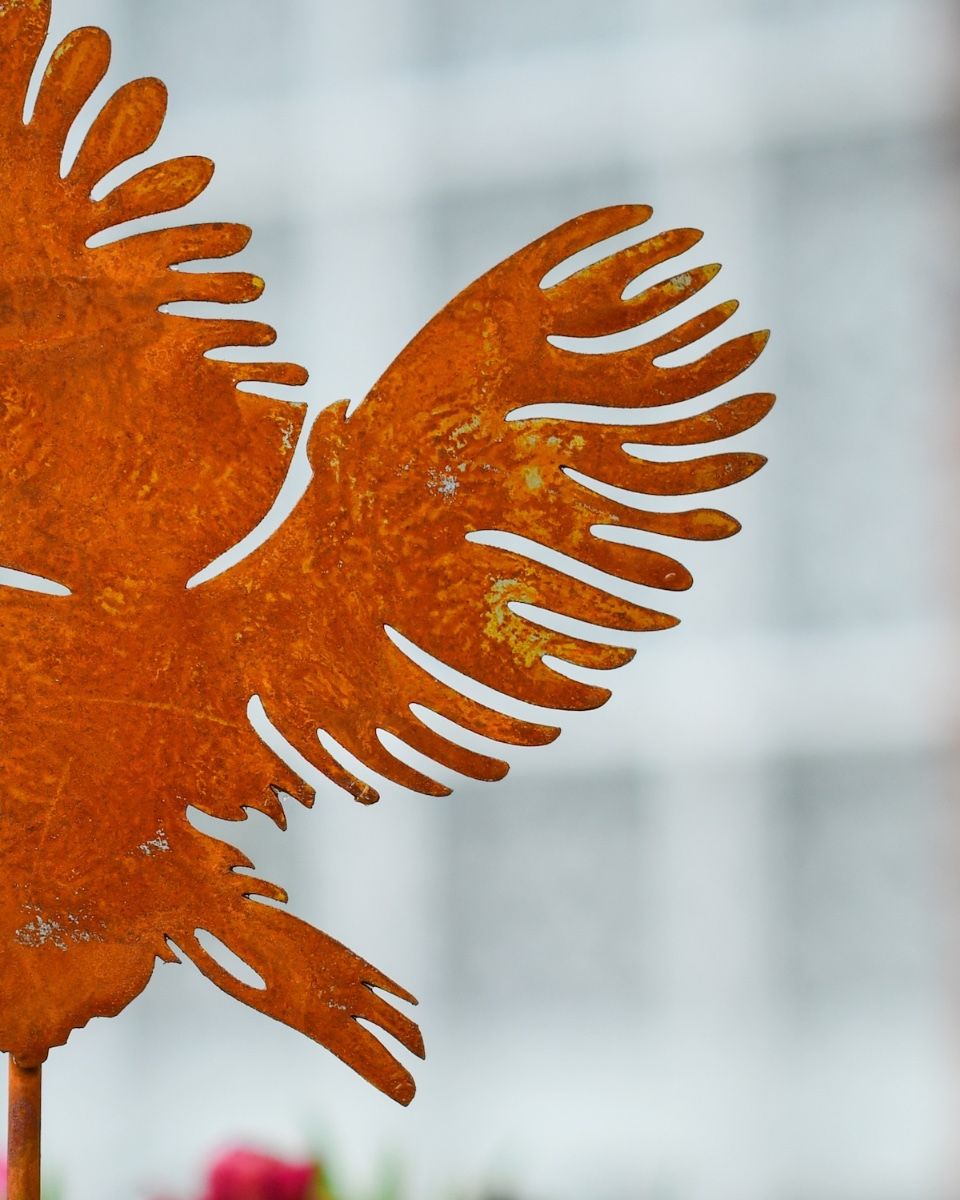 Rustic Barn Owl Artistic Plant Pot Spike - Set of Two close up of wings