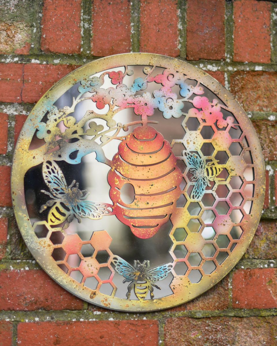 Rustic Bee hive mirrored garden wall art 