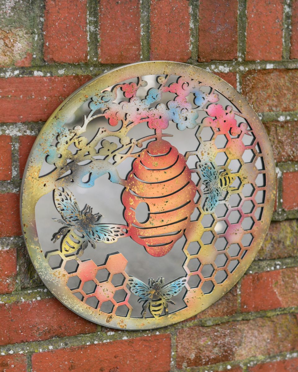 Rustic Bee Hive Mirrored Garden Wall Art full