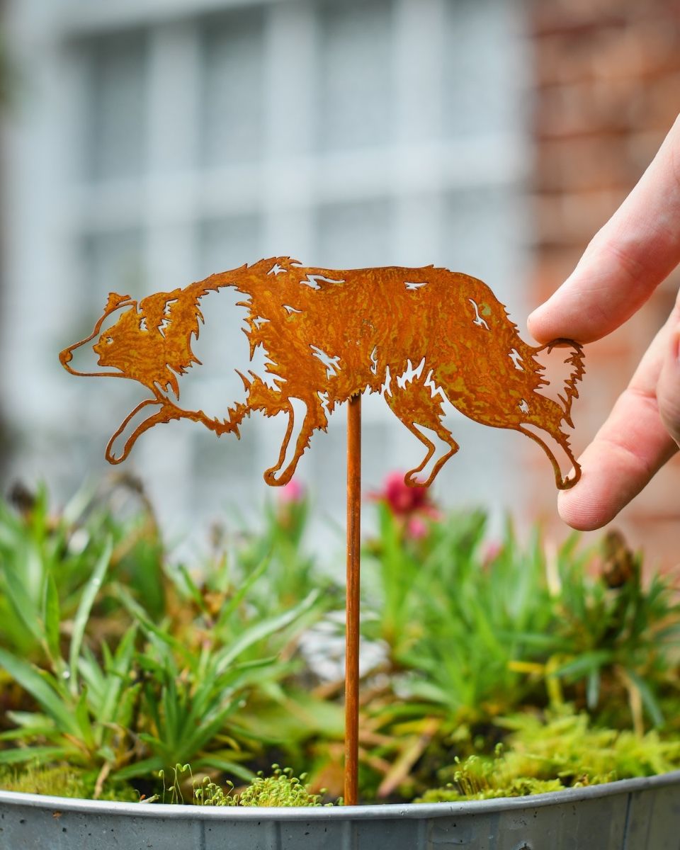 Rustic Border Collie Artistic Plant Pot Spike - Set of Two with hand in shot for scale