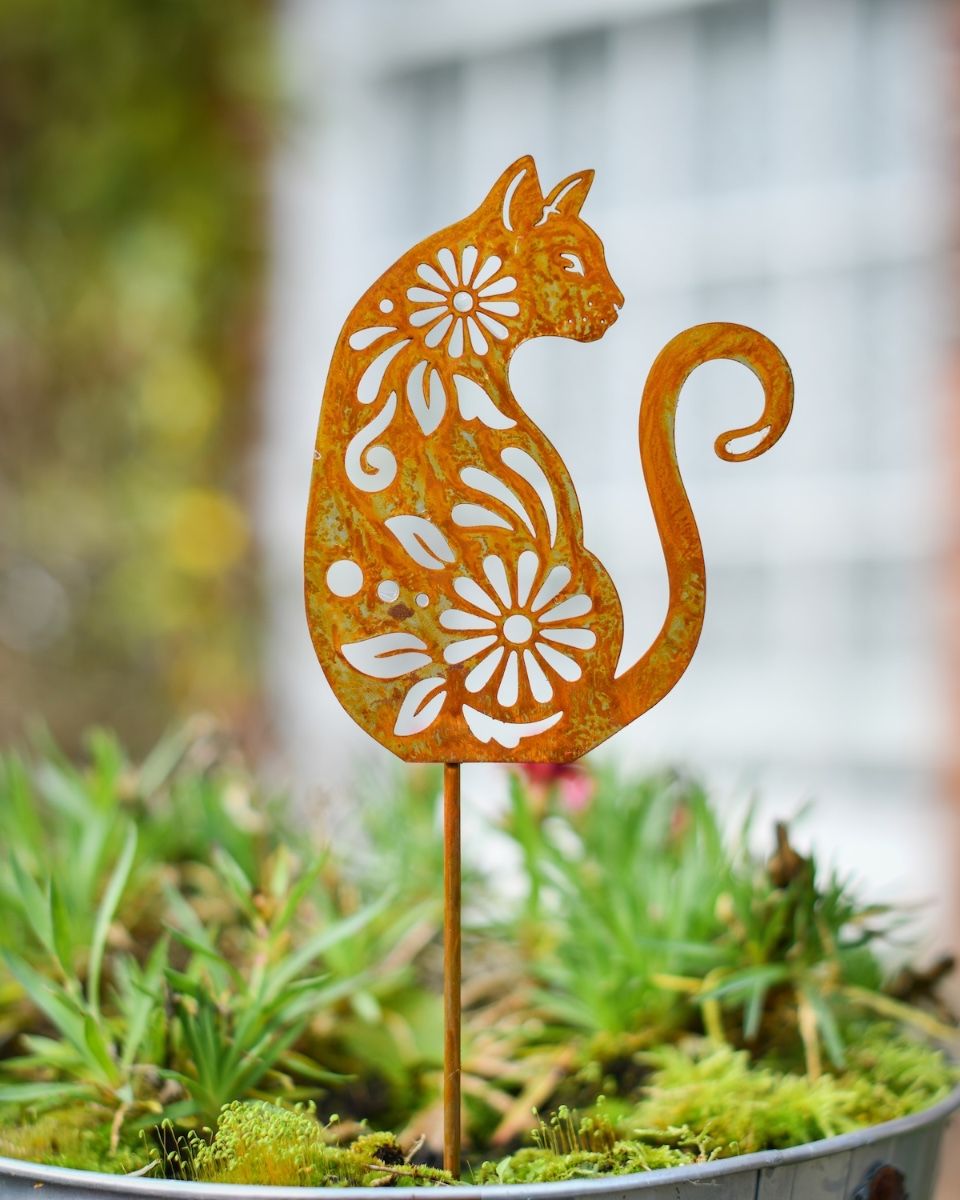 Rustic Botanical Cat Artistic Plant Pot Spike - Set of Two