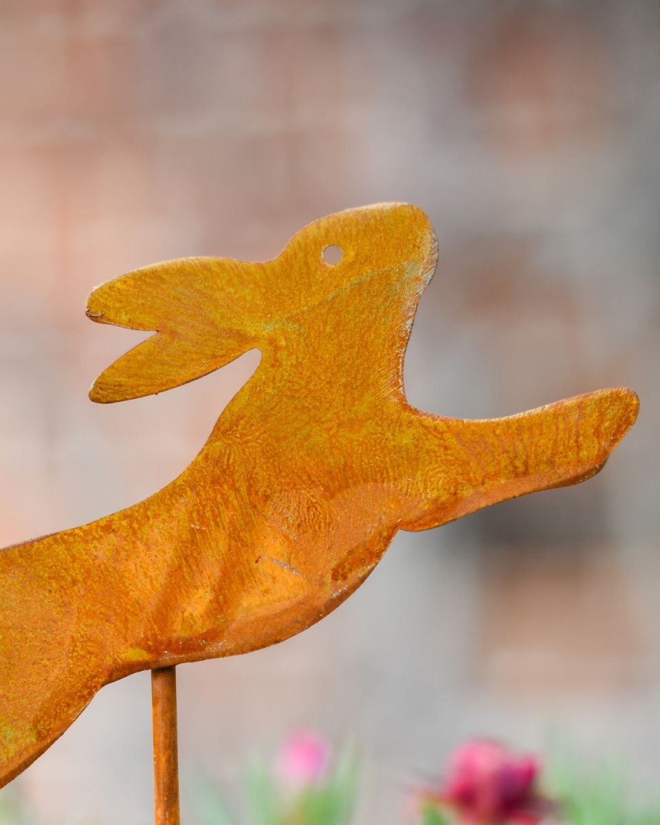 Rustic Bounding Hare Artistic Plant Pot Spike - Set of Two close up of head