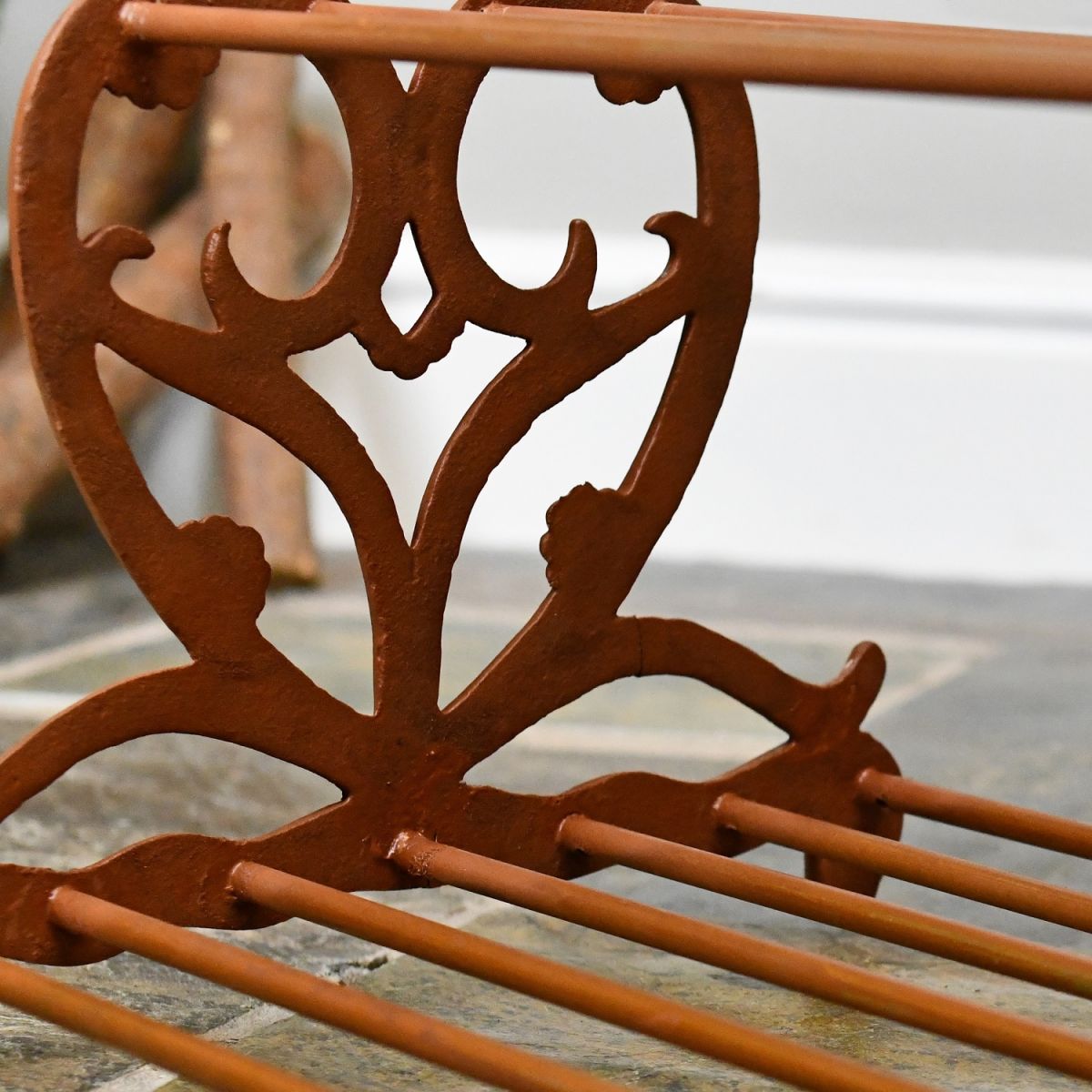 Rustic Brown Cast Iron Heart Shoe Rack Close Up