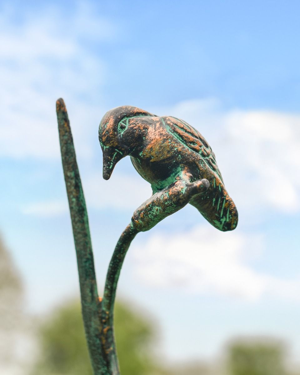 Rustic Cast Auminium "Hunting Kingfisher" in Verdigris Close Up
