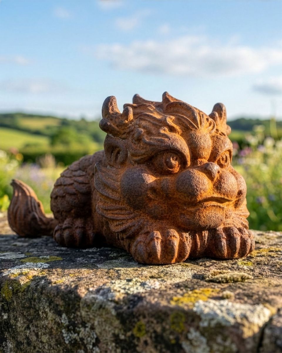 Rustic Cast Iron "Chinese Pixiu" Garden Sculpture Digital Illustration