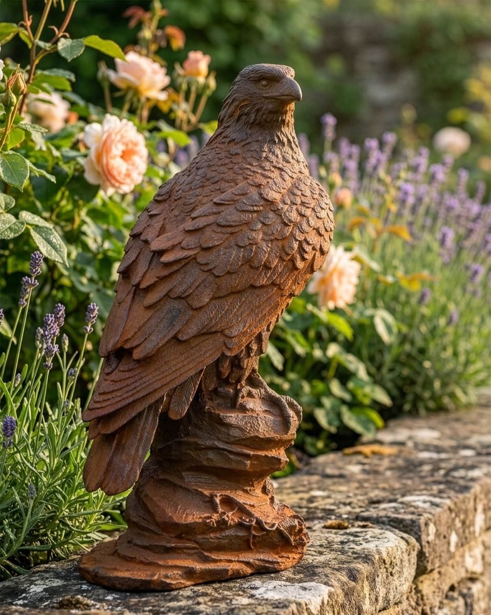 Rustic Cast Iron "Proud Eagle Upon Rocks" Garden Sculpture Digital Illustration