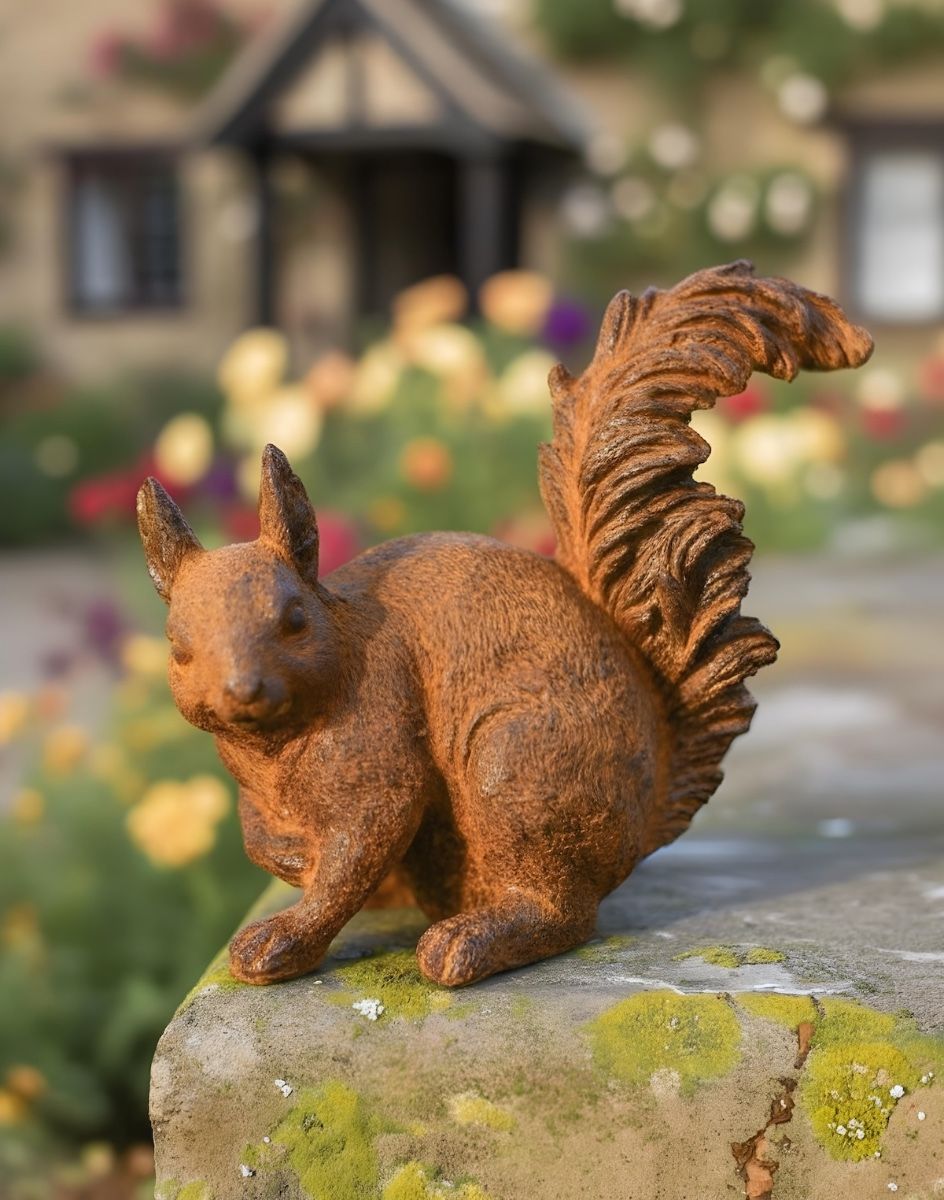 Rustic Cast Iron "Red Squirrel" Garden Sculpture in cottage garden