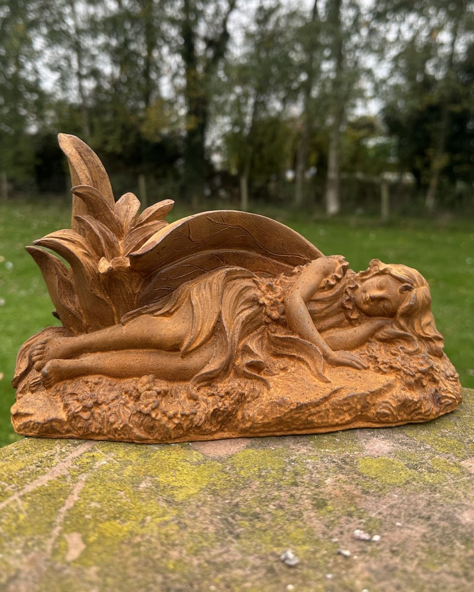 Rustic Cast Iron "Celeste" Sleeping Fairy Sculpture