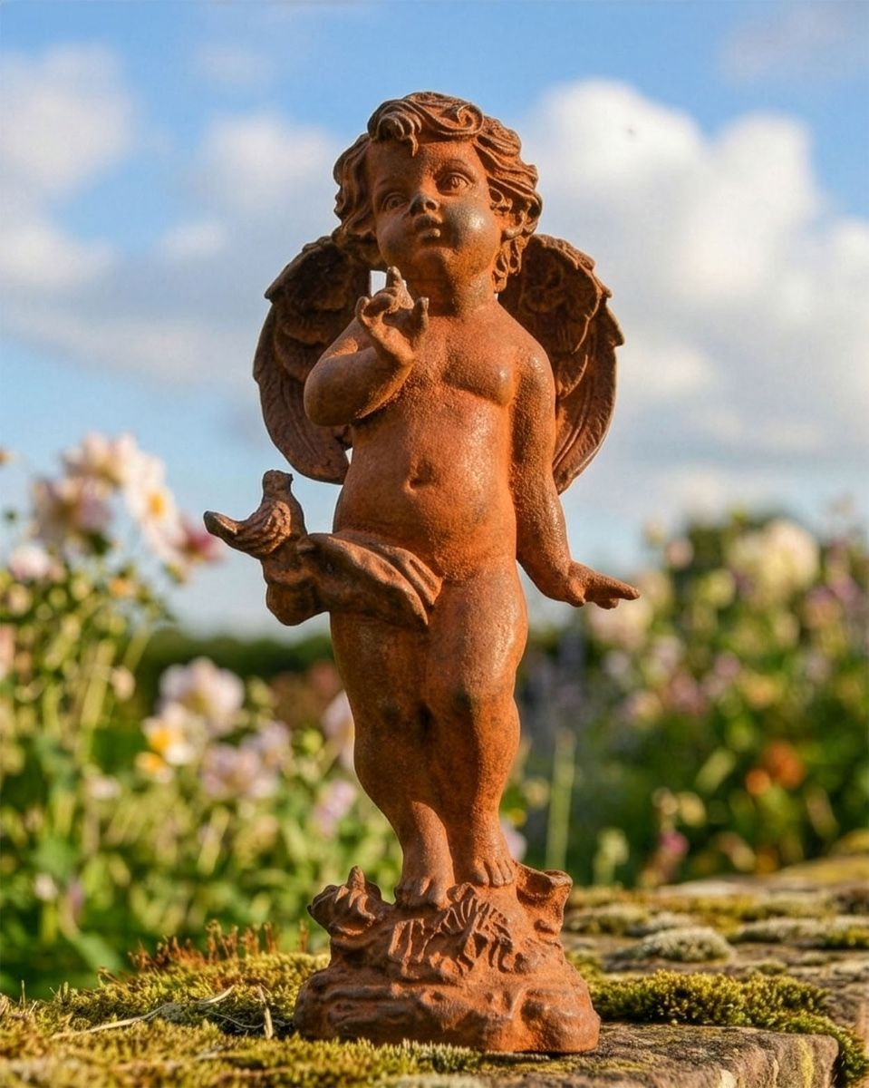 Rustic Cast Iron Cherub with Bird Sculpture Digital Illustration