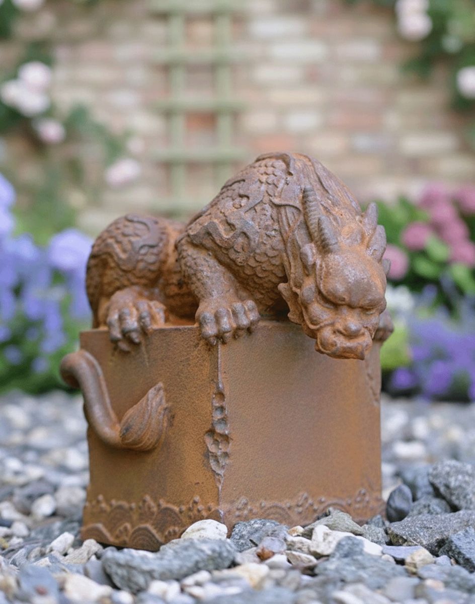 Rustic Cast Iron Curious Dragon Garden Sculpture Digital Illustration