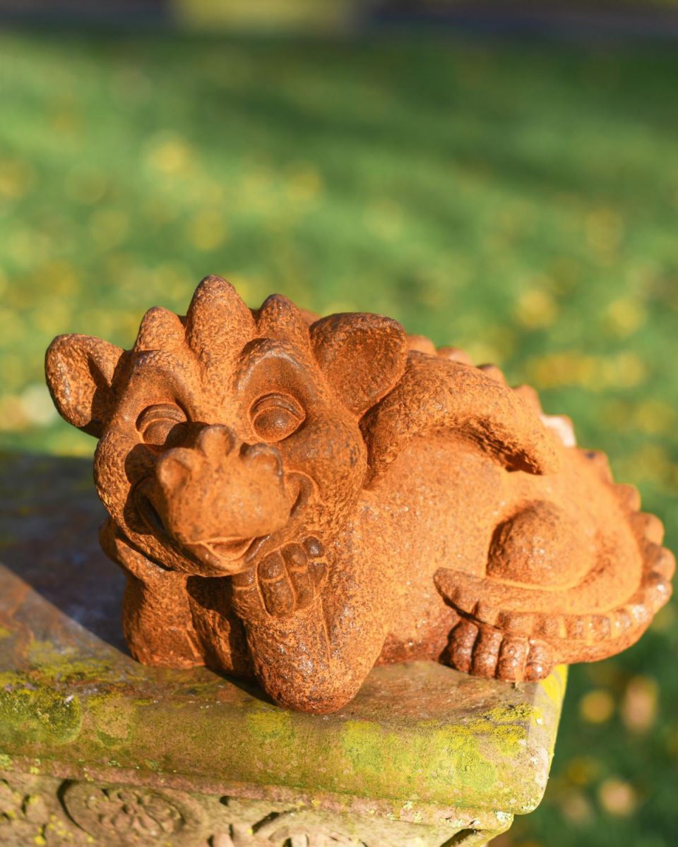 Rustic Cast Iron Daydreaming Dragon Garden Sculpture