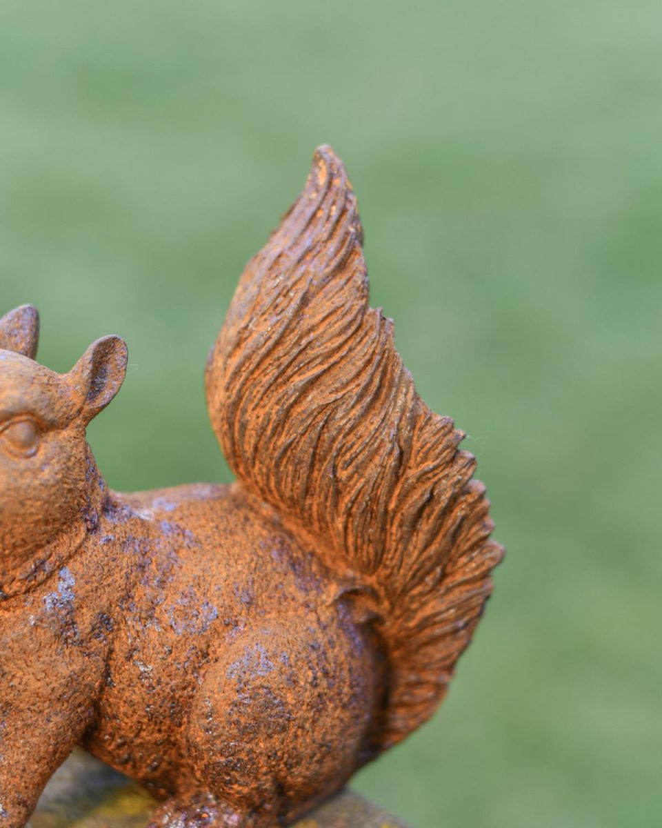 Close-Up of Tail & Rustic Finish on Freestanding Squirrel Sculpture