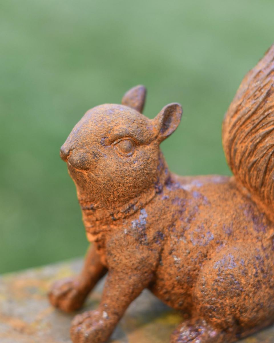 Close-Up of Rustic Cast Iron Freestanding Squirrel Garden Sculpture 