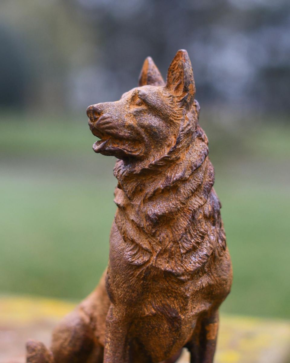 Close-Up of Rustic Cast Iron "German Shepherd" Dog Garden Sculpture