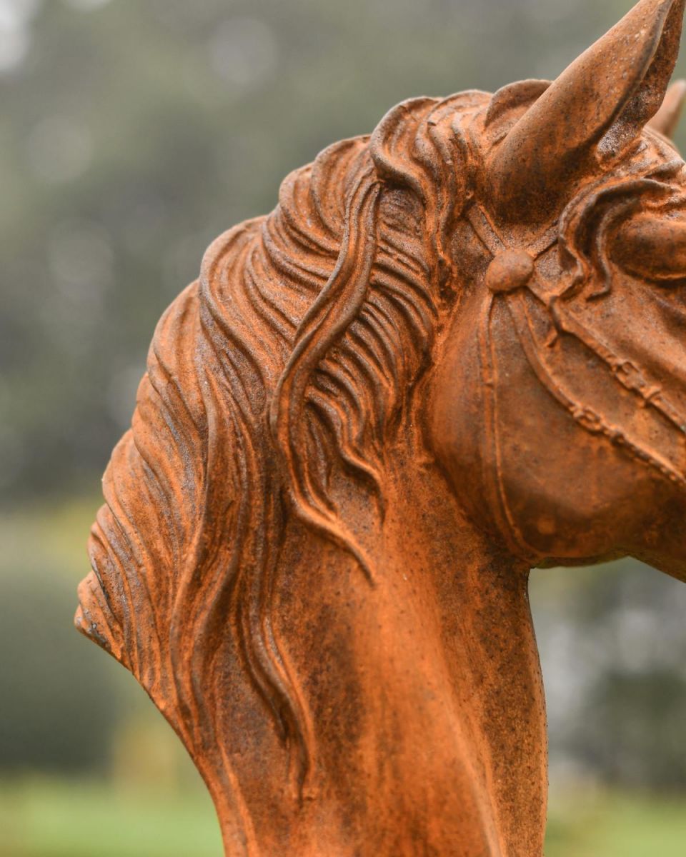 Close-Up of Bridle on Rustic Cast Iron Horse Bust Garden Sculpture