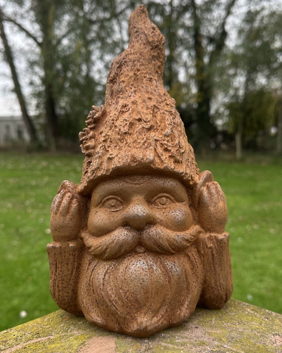 Rustic Cast Iron "Hudson" the Hear No Evil Gnome Sculpture