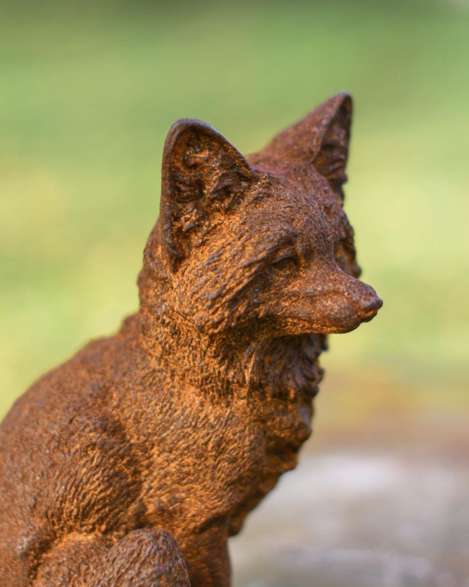 Rustic Cast Iron "Inquisitive" Baby Fox Garden Sculpture