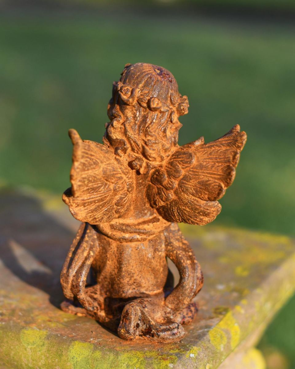 Detailed Rustic Cast Iron "Kneeling Angel" Garden Sculpture in Situ