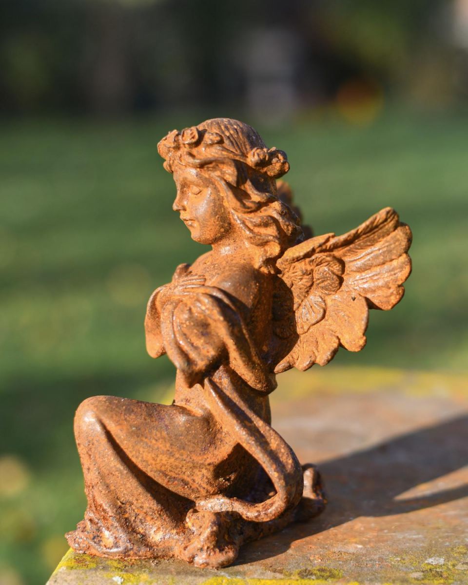 Rustic Cast Iron "Kneeling Angel" Garden Sculpture in Situ