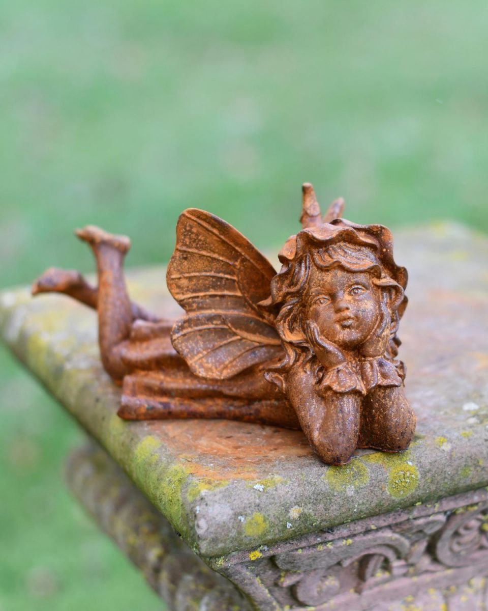 Rustic Cast Iron "Laying Angel" Garden Sculpture