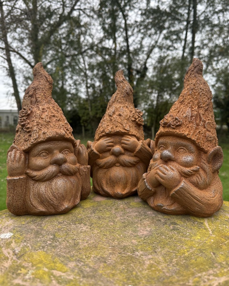 Rustic Cast Iron "No Evil Trio" Gnome Sculptures
