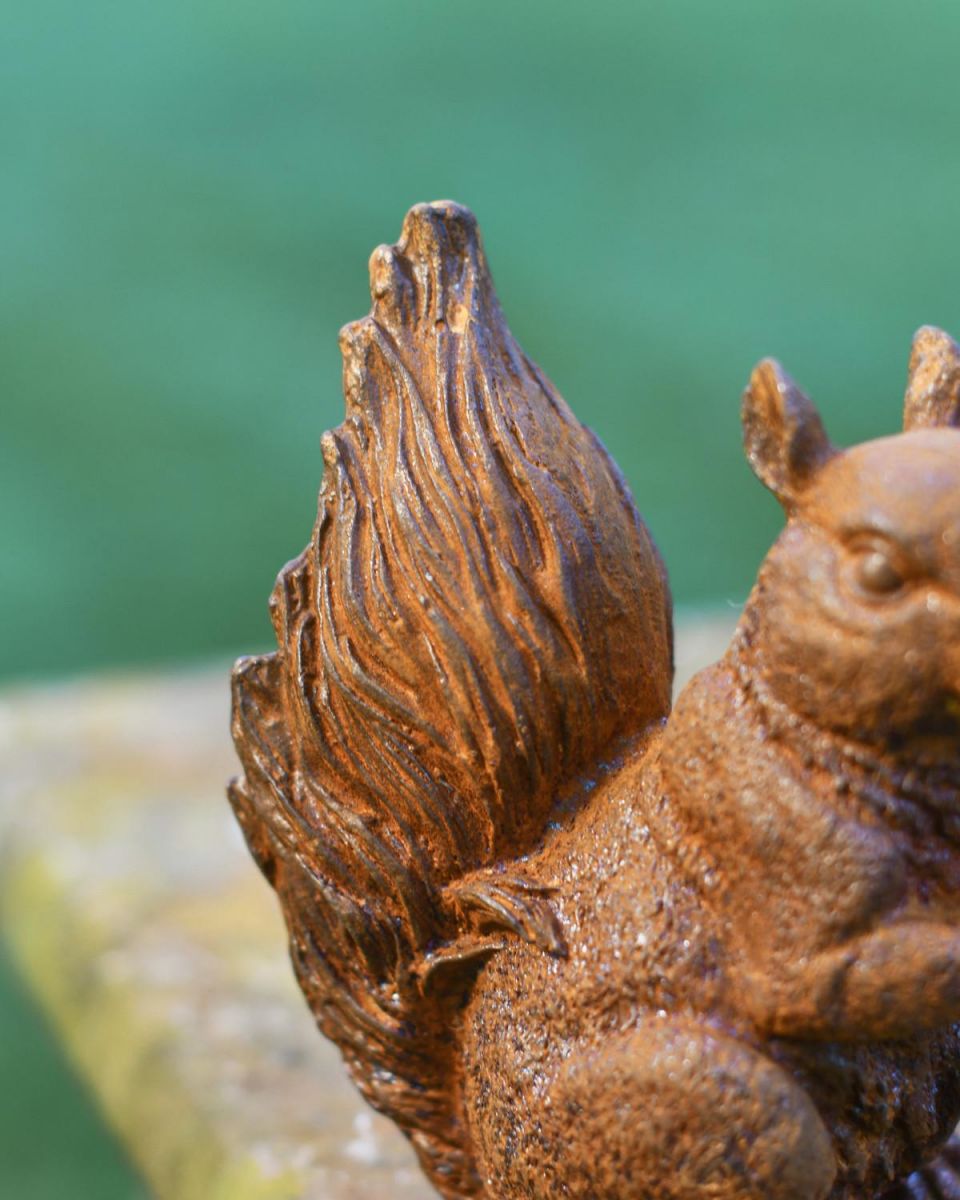 Close-Up of Rustic Cast Iron "Nutty" Squirrel Miniature Garden Sculpture 