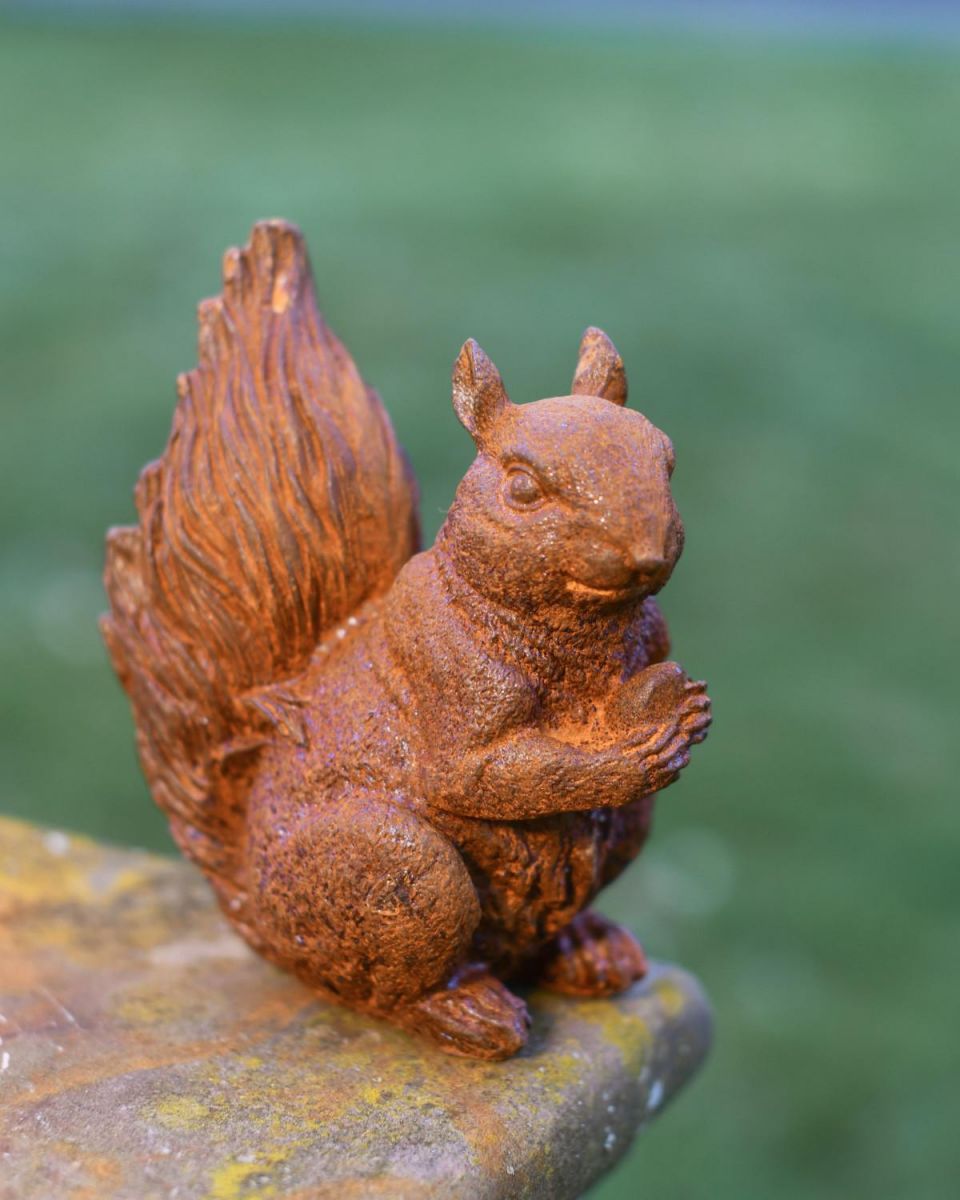 Rustic Cast Iron "Nutty" Squirrel Miniature Garden Sculpture in Situ