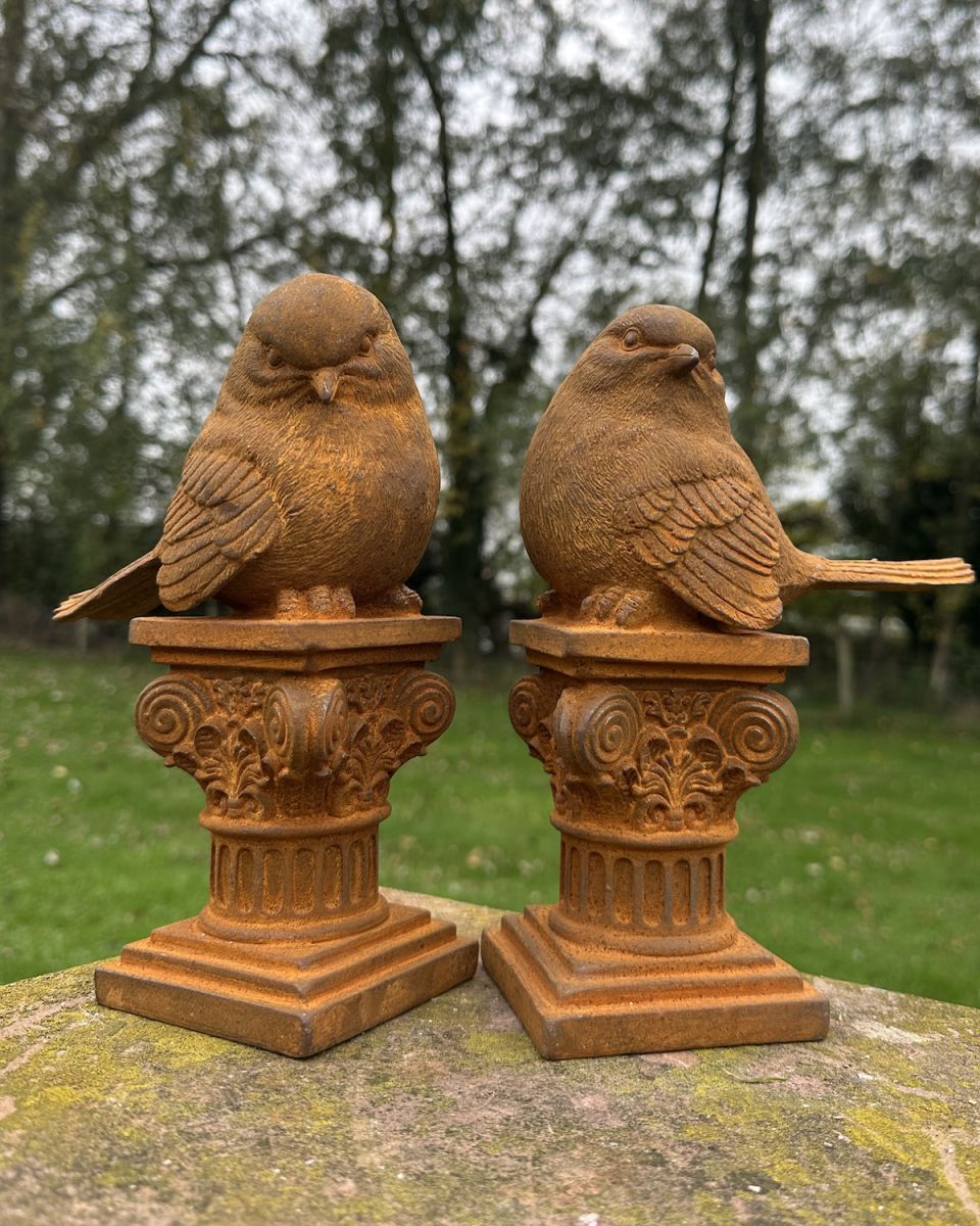 Rustic Cast Iron Pair of Robins Sculpture
