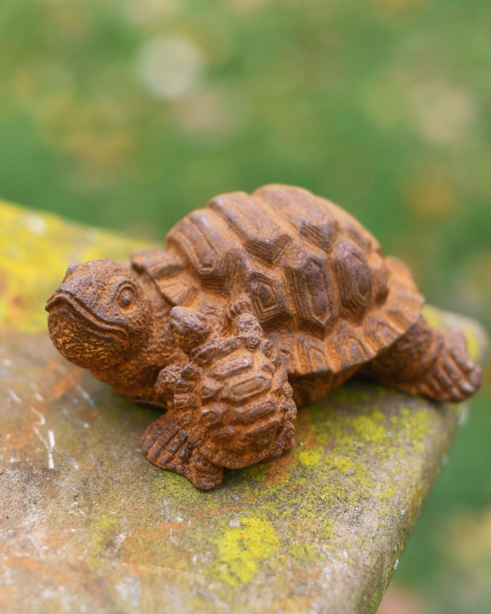 Rustic Cast Iron "Parent & Hatchling" Tortoise Garden Sculpture
