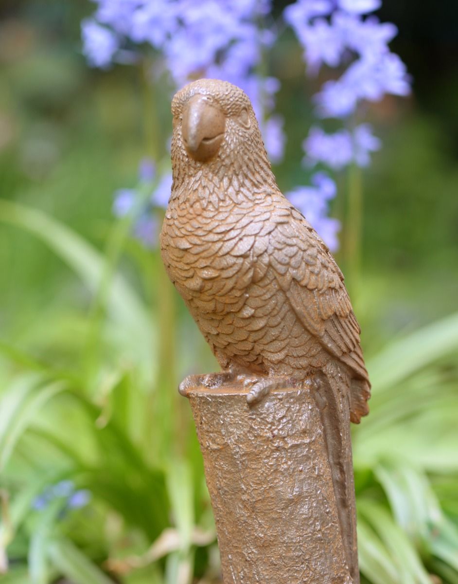 Rustic Cast Iron Perched Parrot Sculpture
