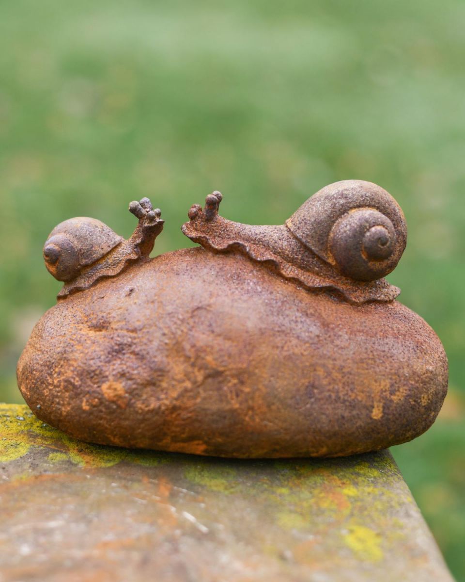 Rustic Cast Iron "Rocky Adventure" Snail Garden Sculpture in Situ