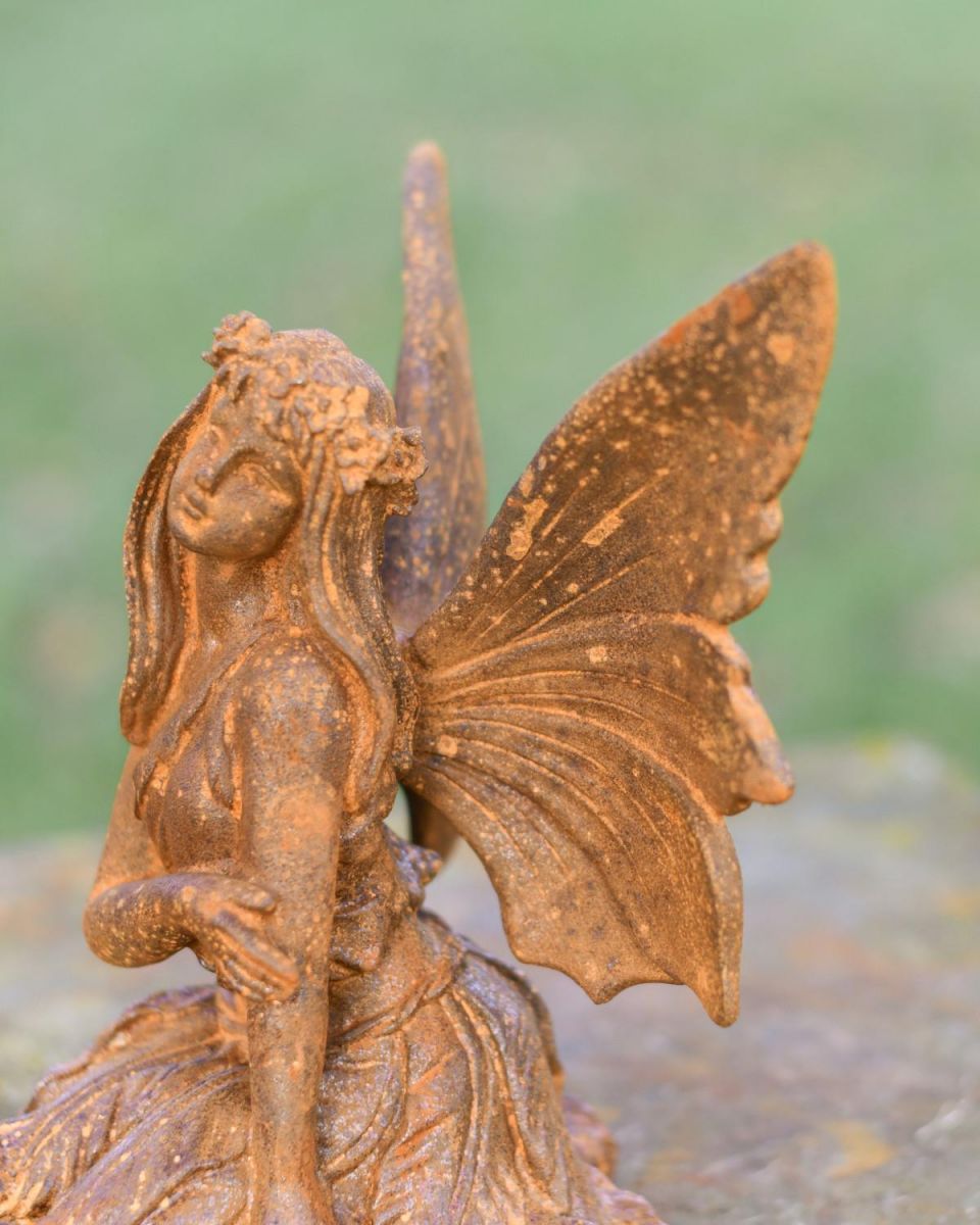 Rustic Cast Iron "Sitting Angel" Garden Sculpture in Situ