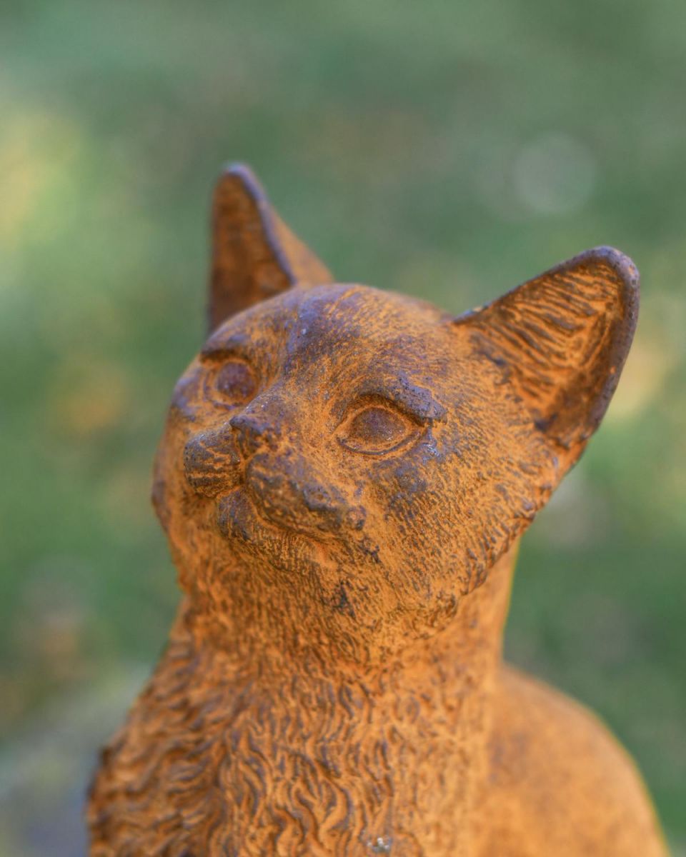 Close-Up of Facial Detail on Rustic Cast Iron "Sitting Tabby" Cat Garden Sculpture