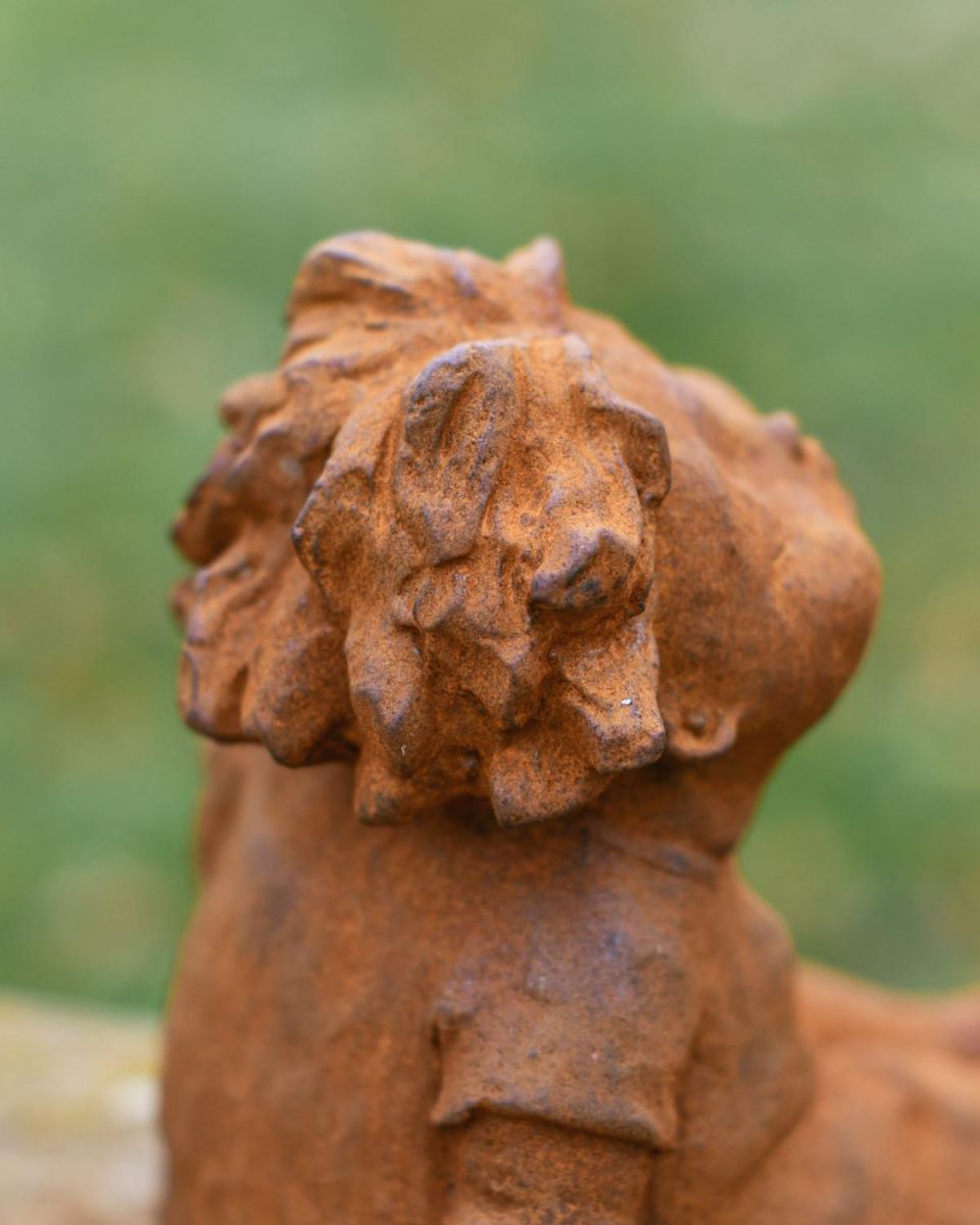 Close-Up of Rustic Cast Iron "Sunbathing Child" Garden Sculpture