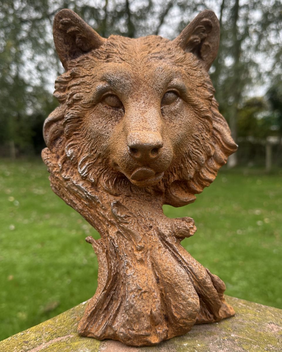 Rustic Cast Iron Wolf Bust Sculpture