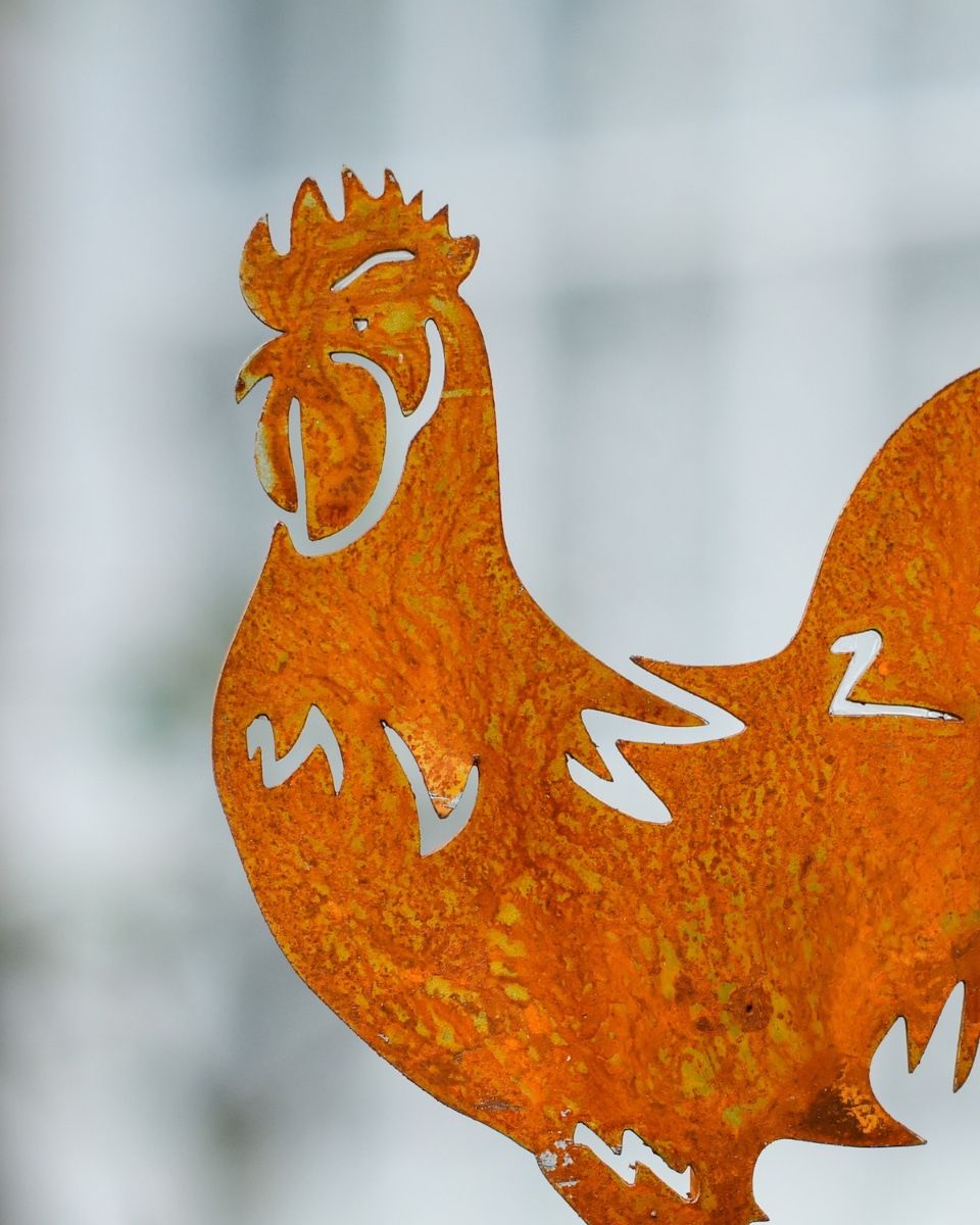 Rustic Cockerel Artistic Plant Pot Spike - Set of Two close up of head