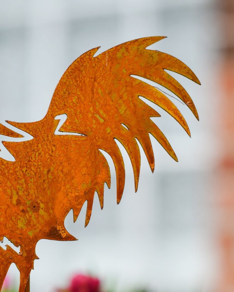 Rustic Cockerel Artistic Plant Pot Spike - Set of Two close up of tail