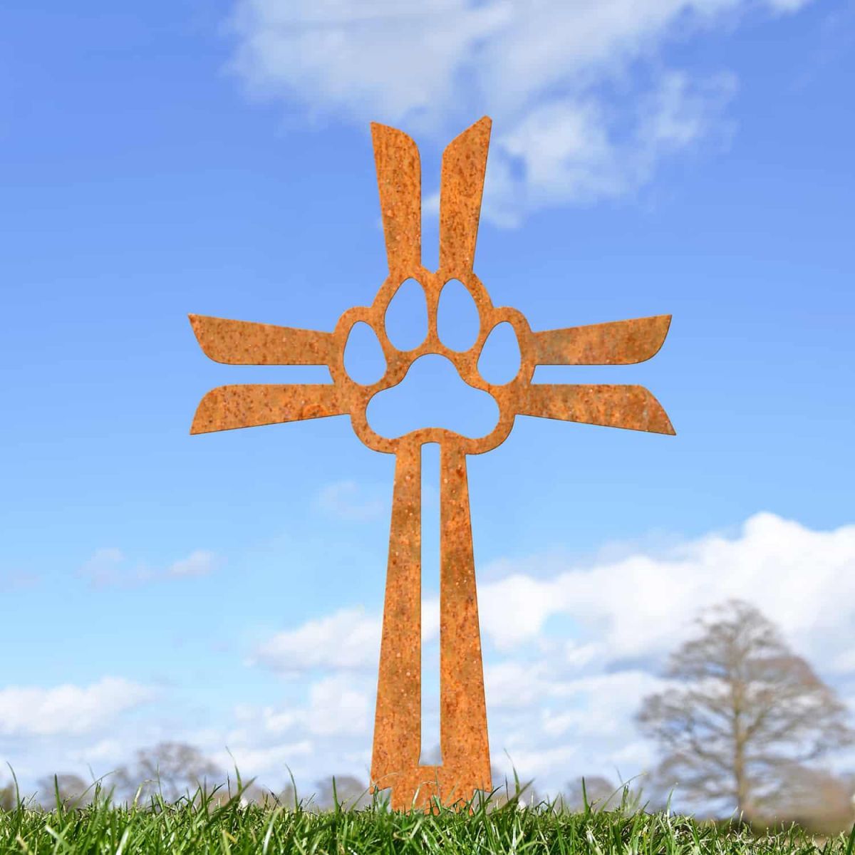 Rustic Contemporary Paw Print on Cross Grave Marker Ground Spike