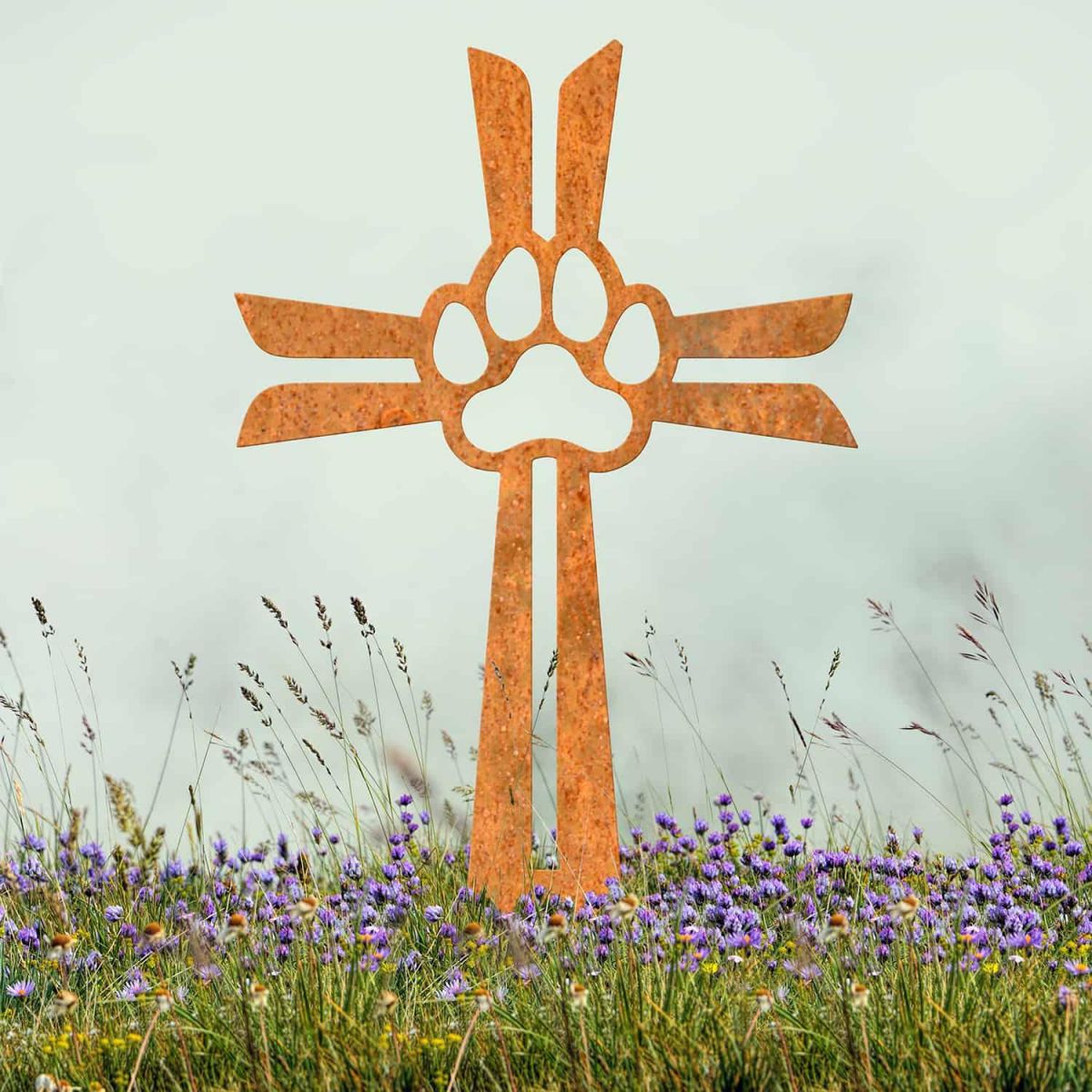 Rustic Contemporary Paw Print on Cross Grave Marker Ground Spike in Situ