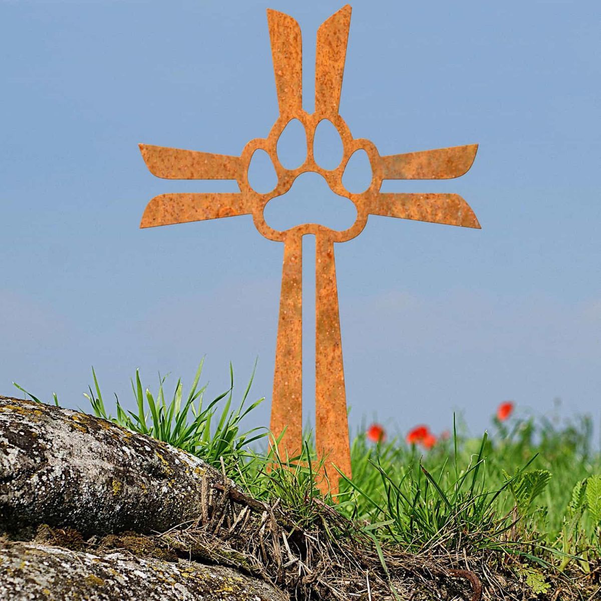 Contemporary Paw Print on Cross Grave Marker Ground Spike in Rustic Finish in Situ