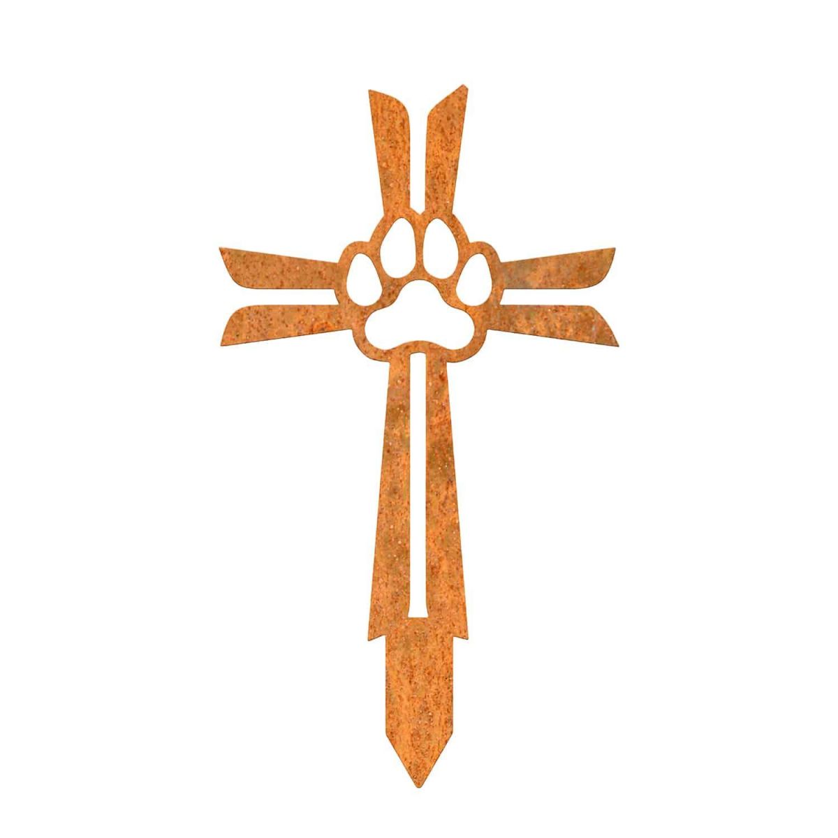 Close-Up of Contemporary Paw Print on Cross Grave Marker Ground Spike in Rustic Finish