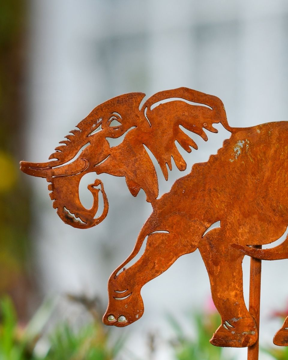 Rustic Elephant Artistic Plant Pot Spike - Set of Two close up of head