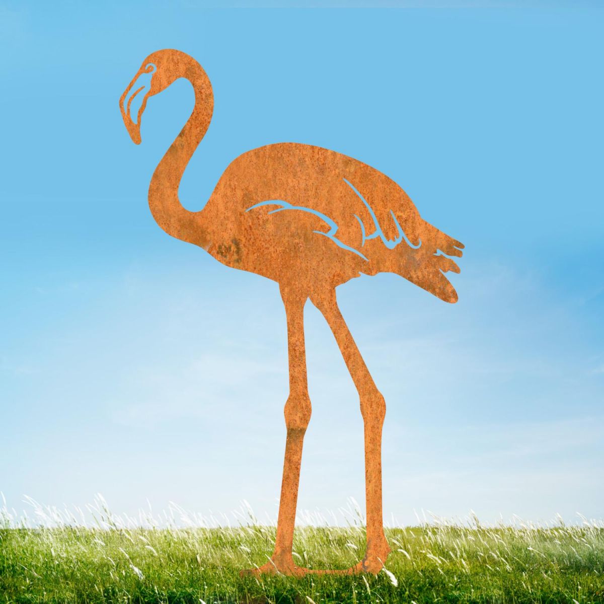 Rustic Flamingo Sheet Steel Silhouette in Situ