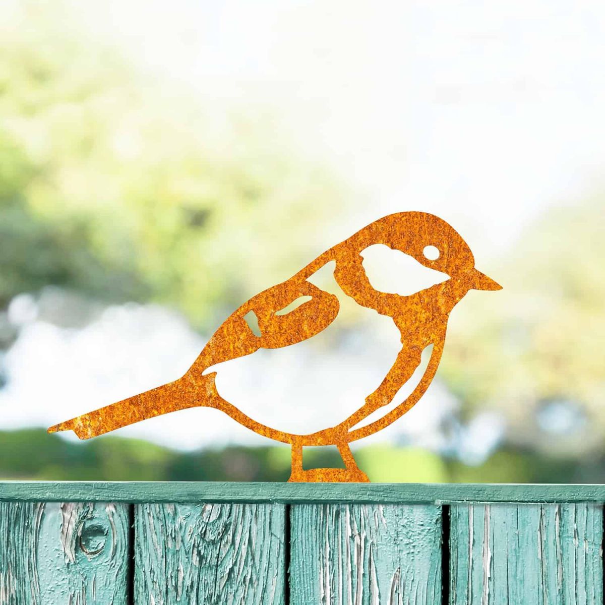 Rustic Great Tit Steel Fence Topper in Situ Rustic Great Tit Steel Fence Topper in Situ