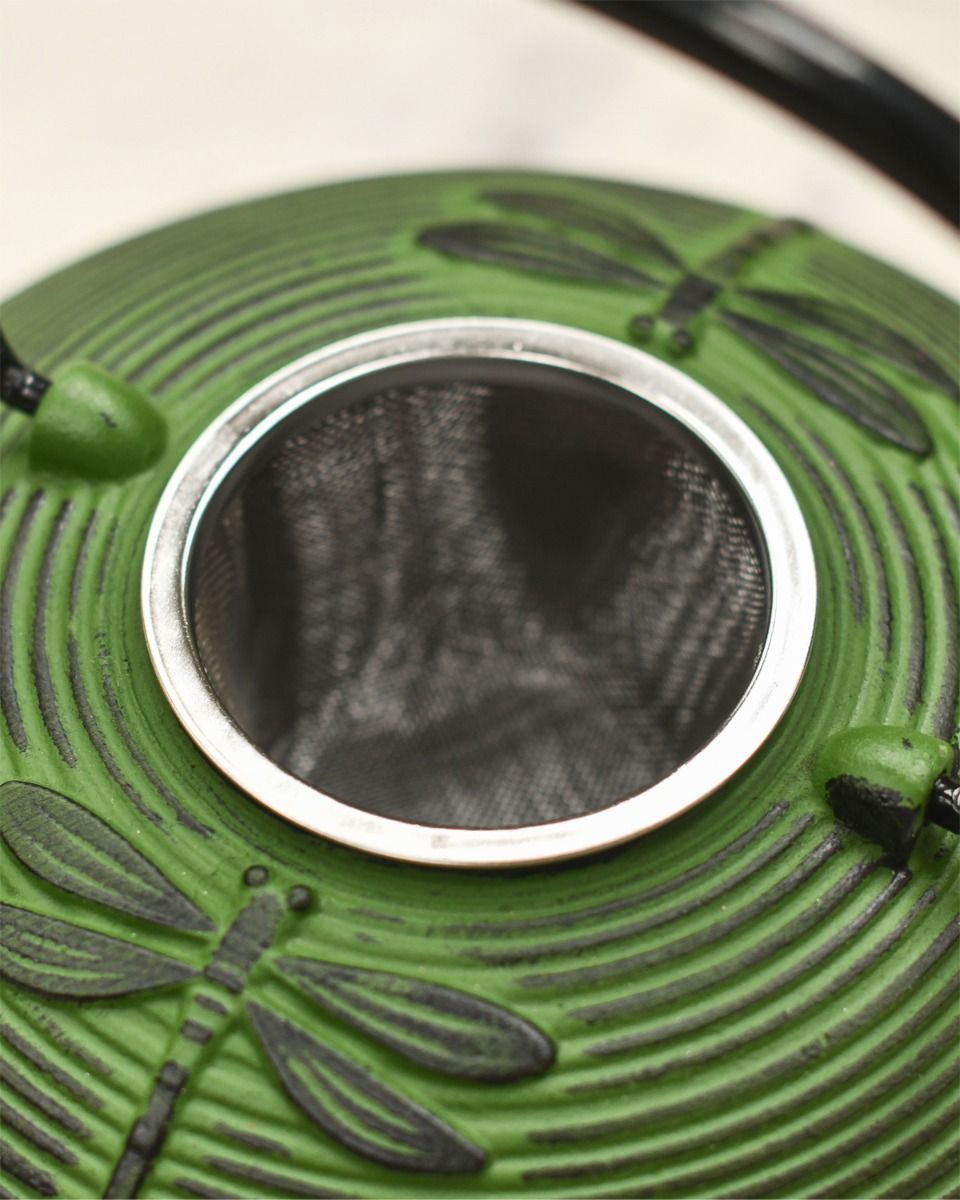 Metal Tea Infuser Inside Green Cast Iron Teapot 