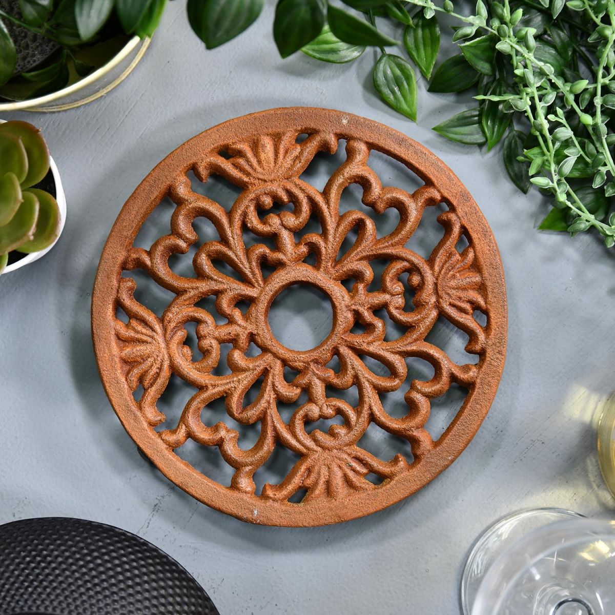 Heavy Duty Cast Iron Round Trivet Finished in a Rustic Brown Finish