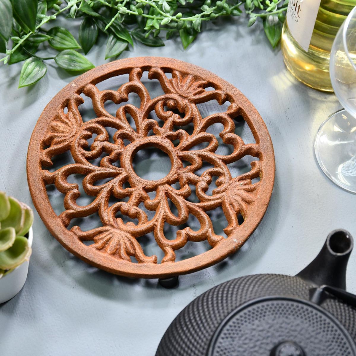 Rustic Heavy Duty Cast Iron Round Trivet in Situ in the Home