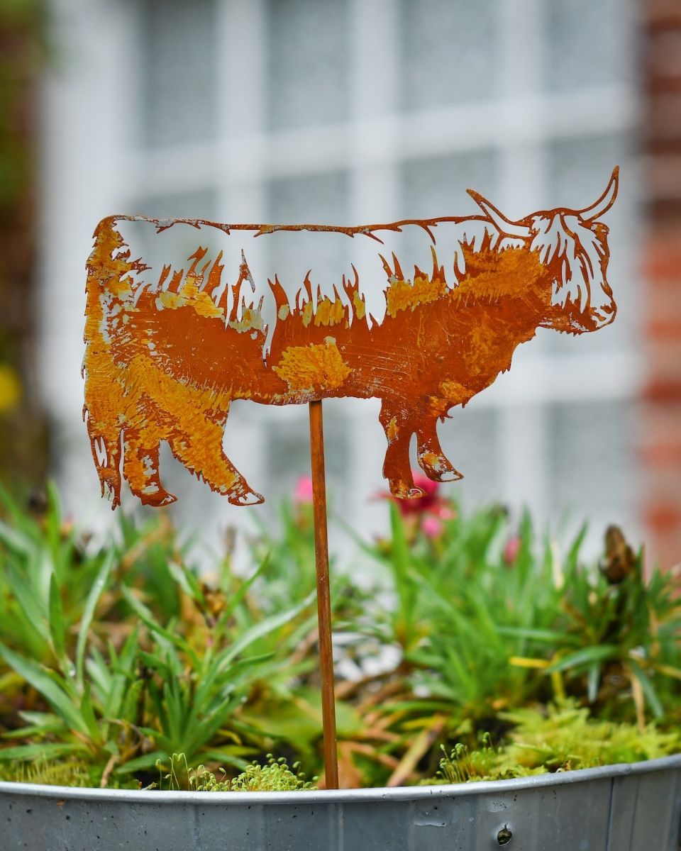 Rustic Highland Cow Artistic Plant Pot Spike - Set of Two